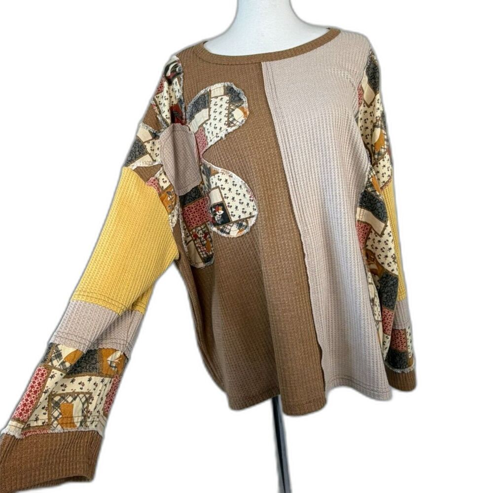 Easel Color Block Patchwork Daisy Mixed Print Top Size M Oversized Waffle Knit